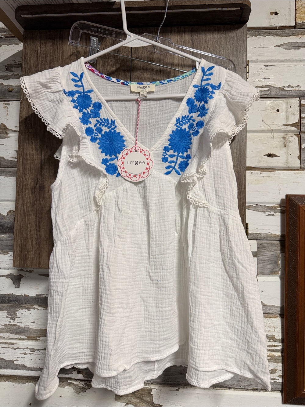 Umgee White Tank Top with Bright Blue Floral Embroidery